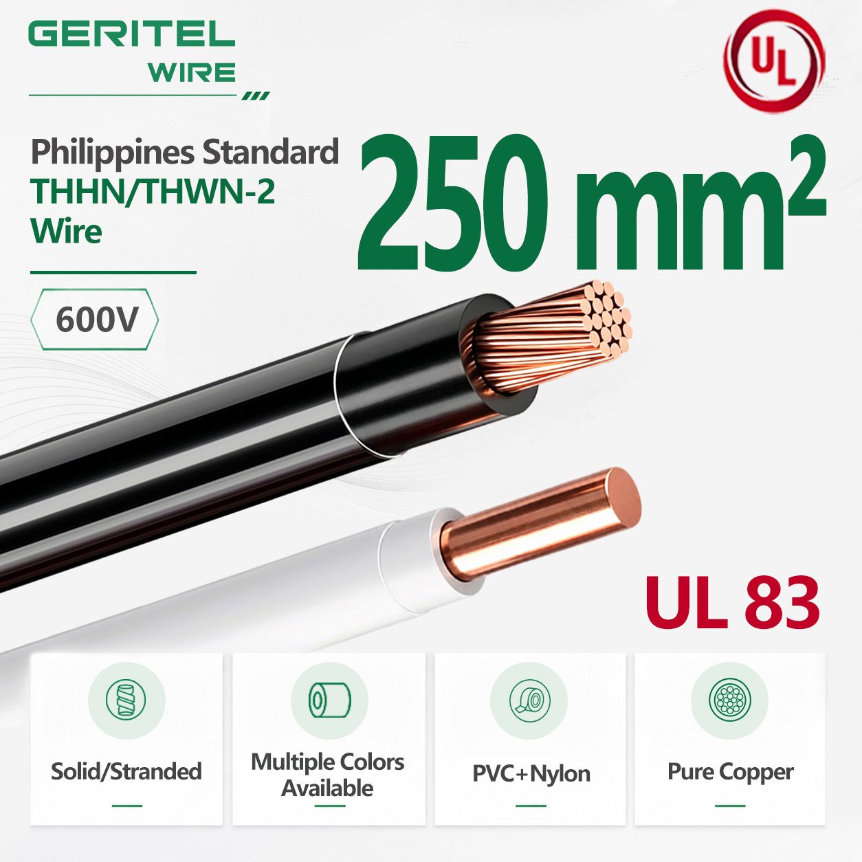 Industrial Power Distribution: 250 mm² THHN/THWN‑2 Copper Cable with PVC+Nylon