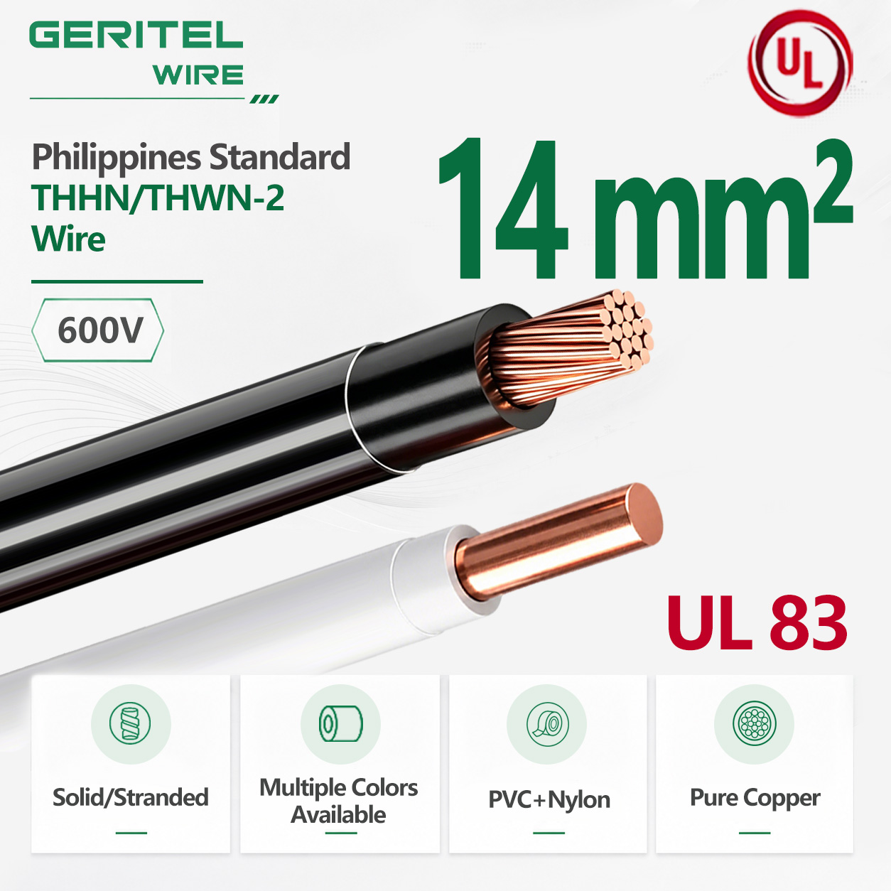 Industrial Main Feeder 14mm Copper THHN/THWN-2 Wire 600V Heat Resistant