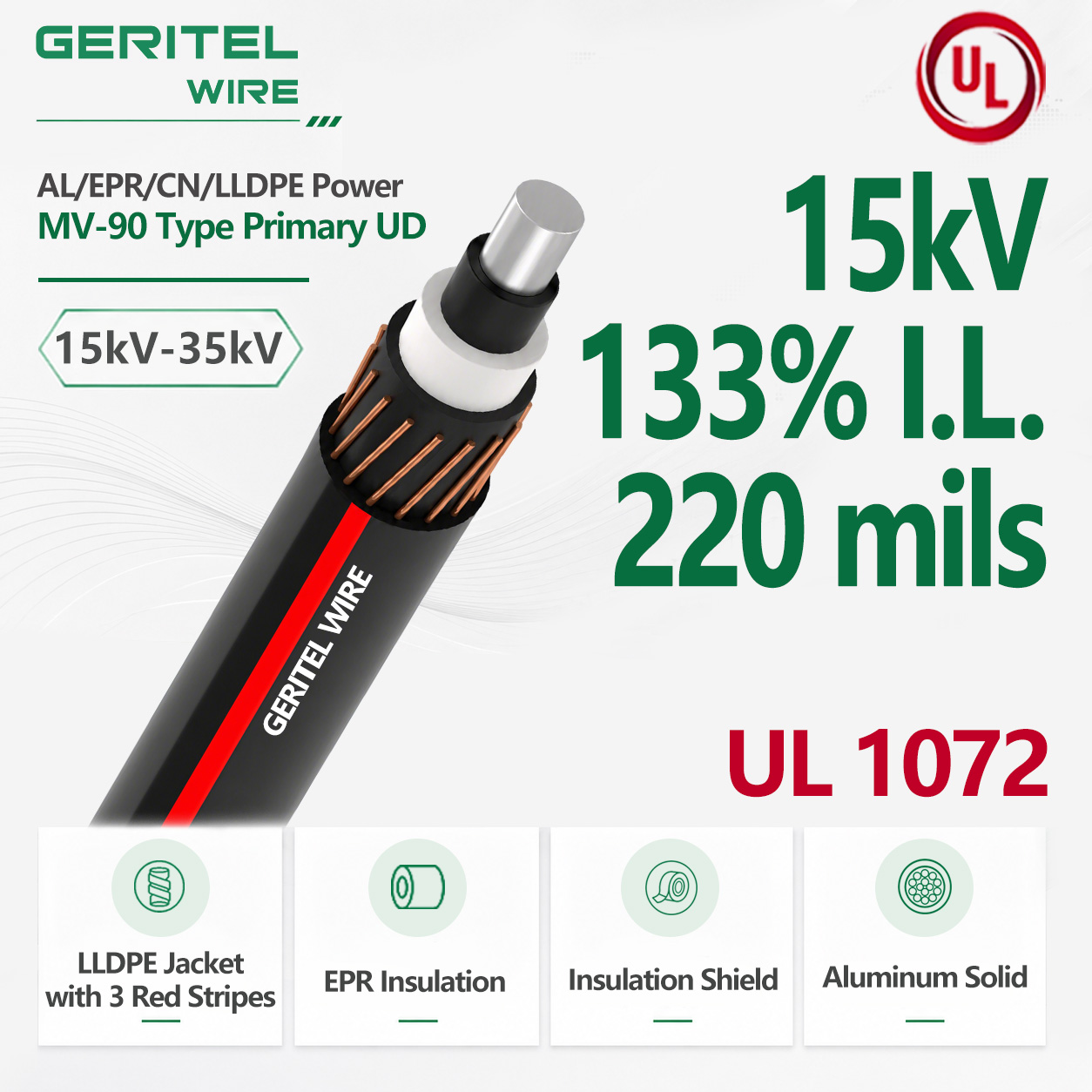 15kV Solid Aluminum Primary UD Cable EPR/CN/LLDPE MV-90 133% I.L. 220 mils