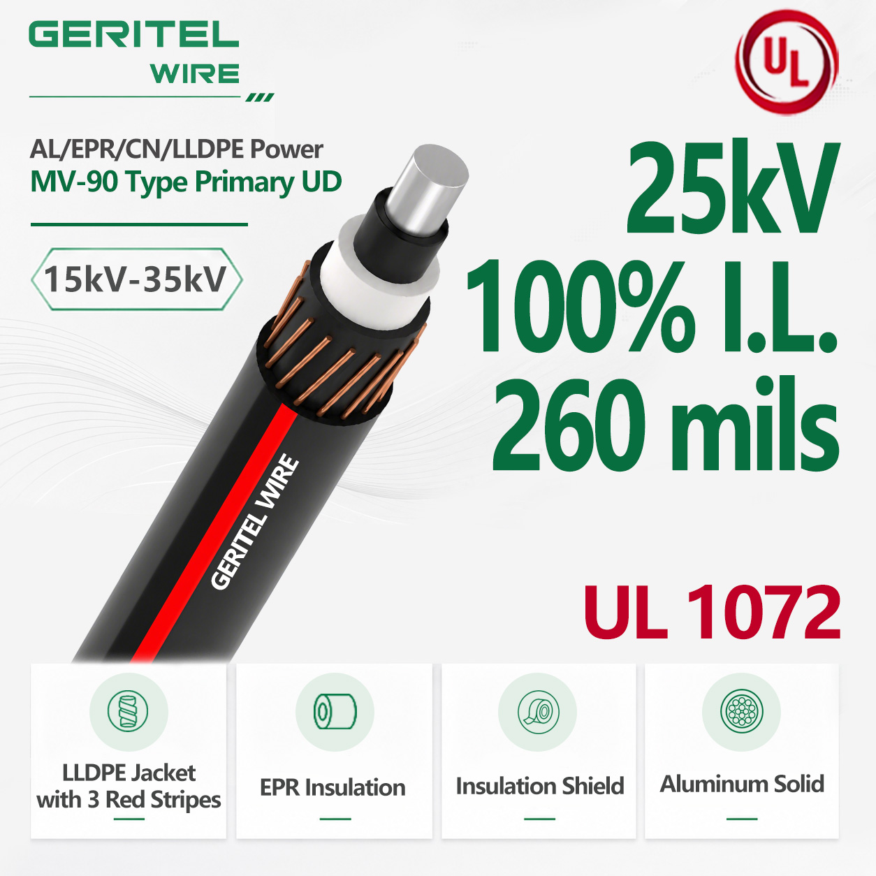 25kV Underground Primary Distribution Cable Solid Aluminum EPR/CN/LLDPE MV-90 100% I.L. 260 mils