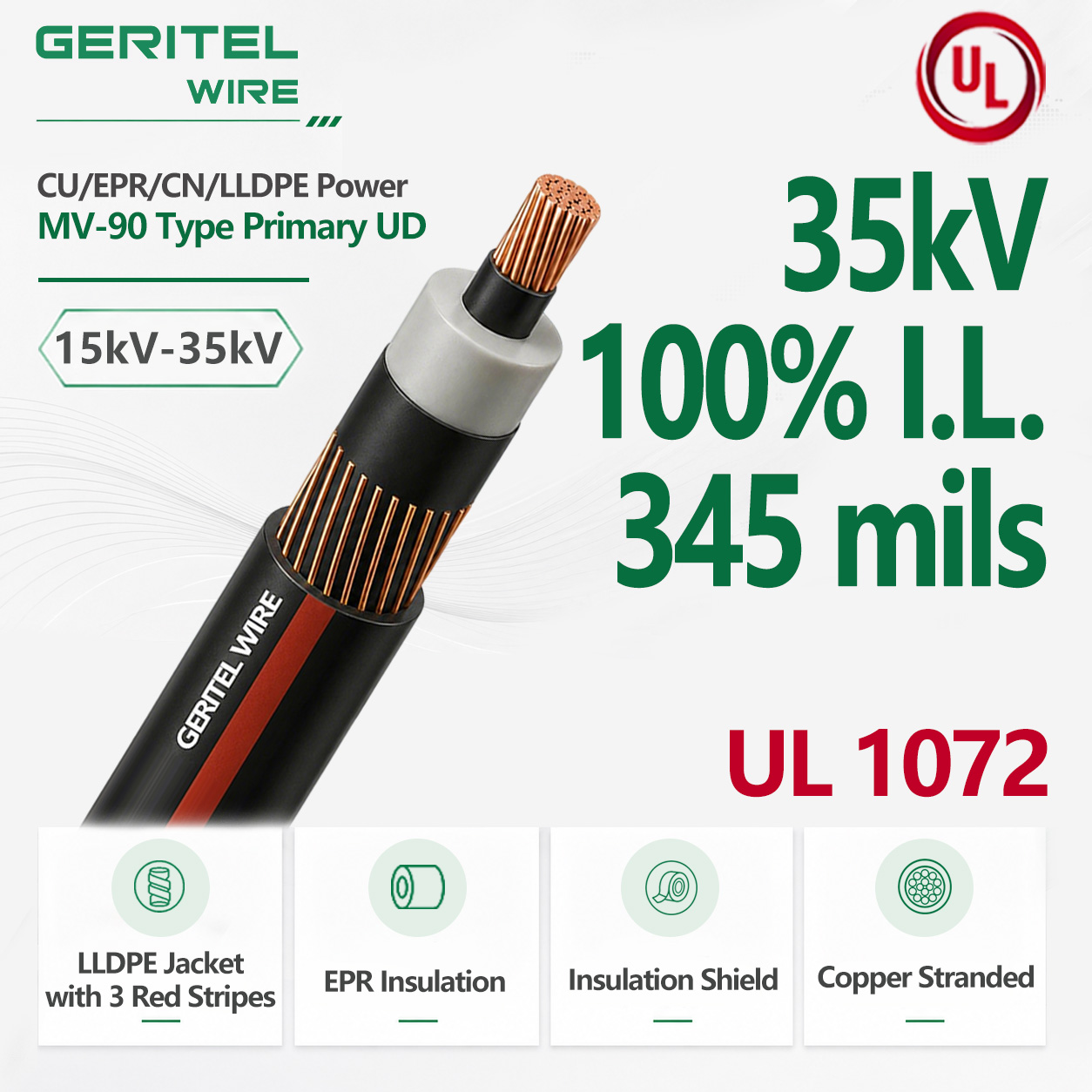 35kV Copper Direct Burial Primary UD Cable EPR/CN/LLDPE MV-90 100% I.L. 345 mils
