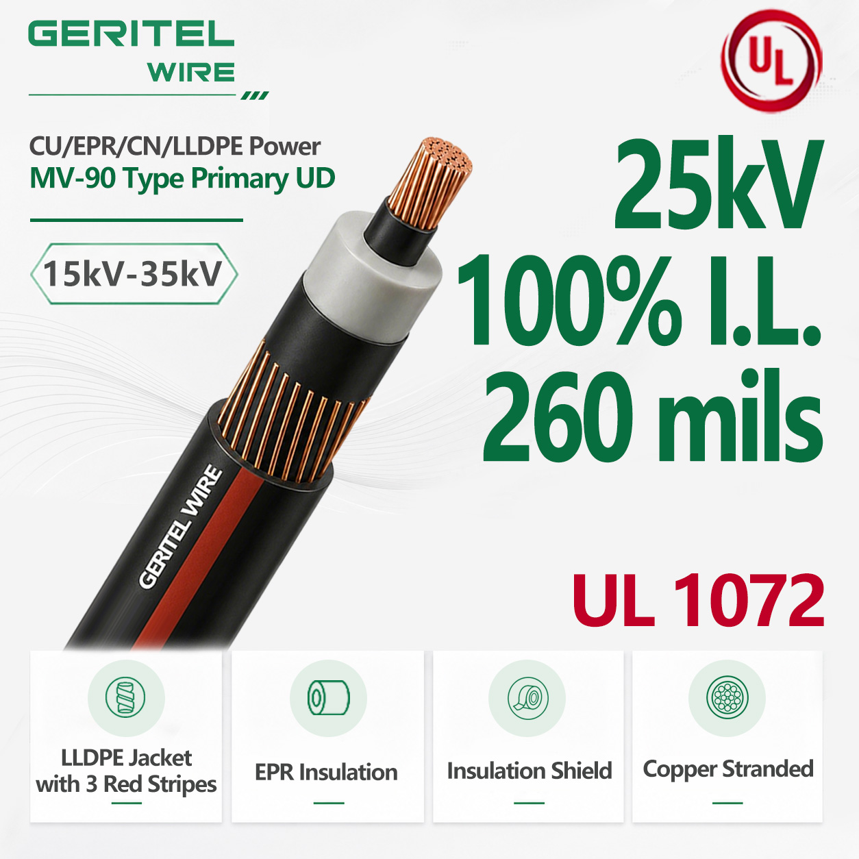 25kV MV-90 Copper EPR/CN/LLDPE Primary UD Cable 100% I.L. 260 mils