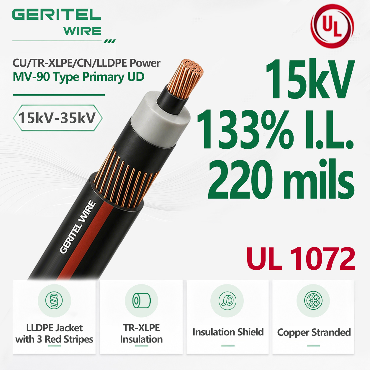 15kV Copper MV-90 Primary UD Power Cable 133% I.L. 220 Mils