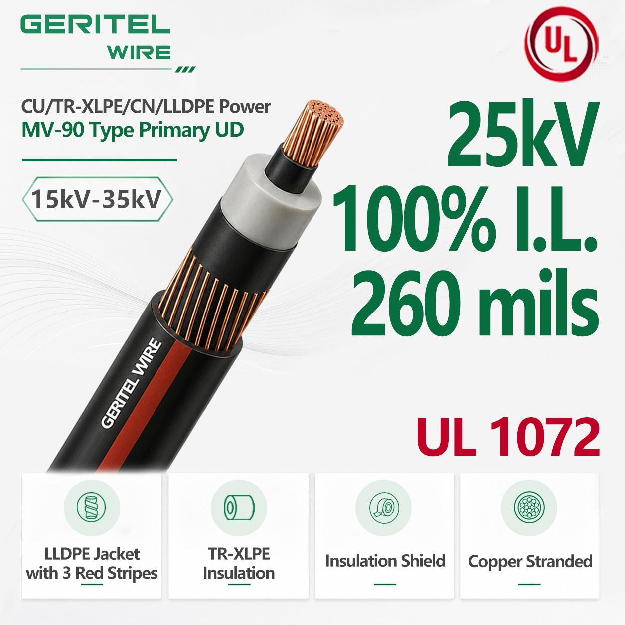 25kV Copper TR-XLPE/CN/LLDPE Primary UD Cable 100% I.L. 260 Mils