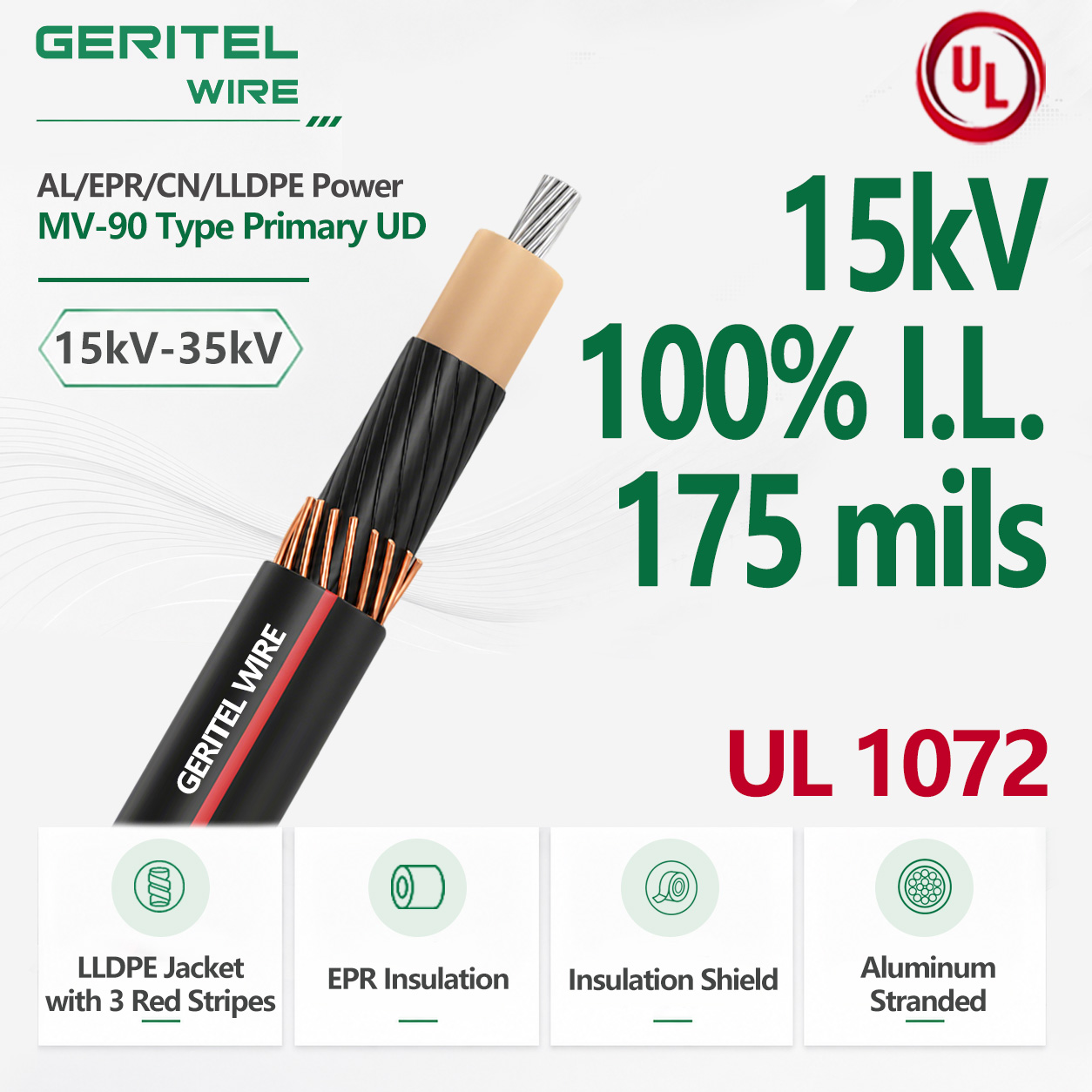 15kV Aluminum EPR/CN/LLDPE Medium Voltage UD Cable 100% I.L. 175 Mils