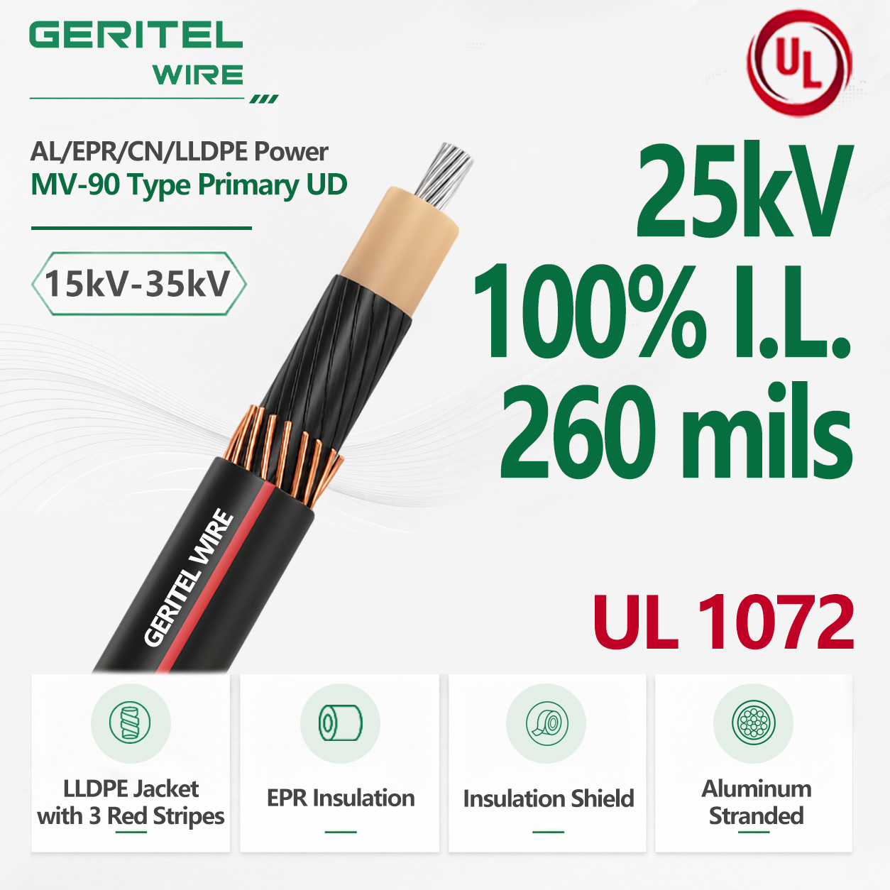 25kV Aluminum EPR/CN/LLDPE MV-90 Primary UD Cable 100% I.L. 260 Mils