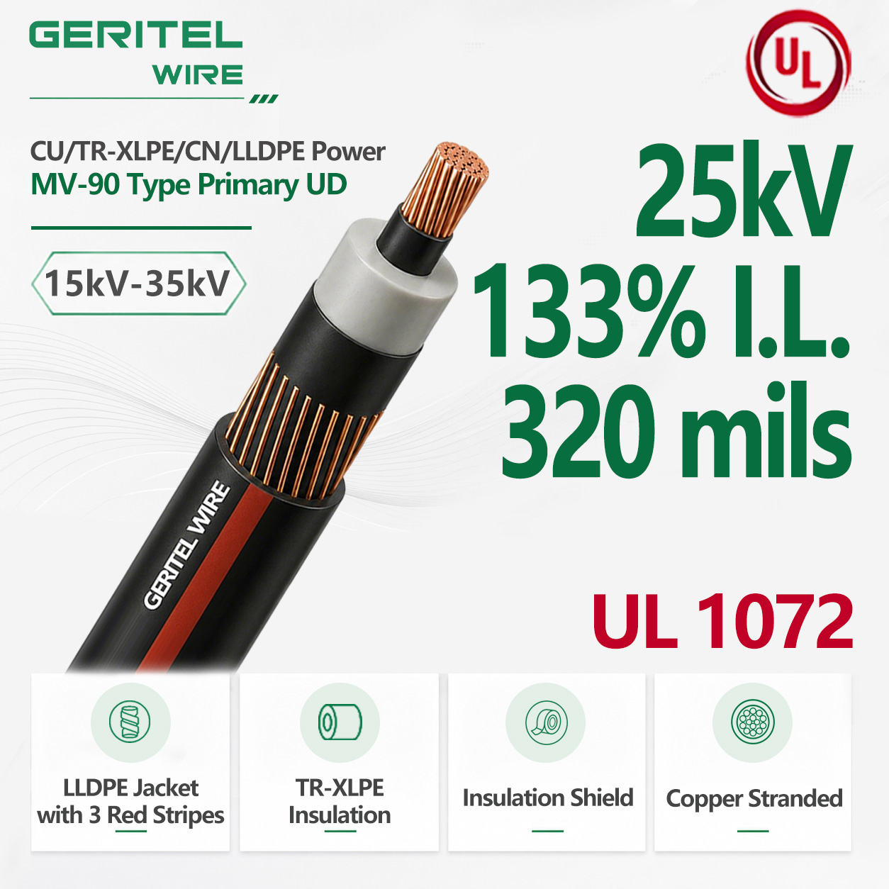 25kV Copper MV-90 Medium Voltage UD Cable 133% I.L. 320 Mils Filled or Unfilled