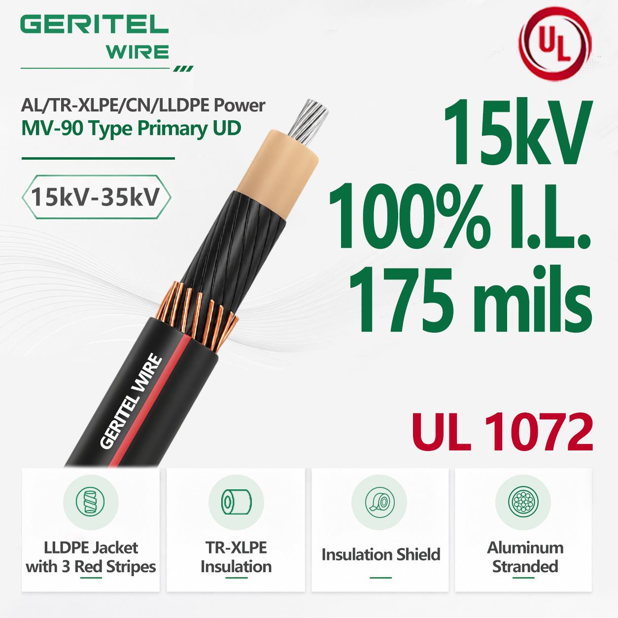 15kV Aluminum TR-XLPE/CN/LLDPE MV-90 Cable 100% I.L. 175 mils