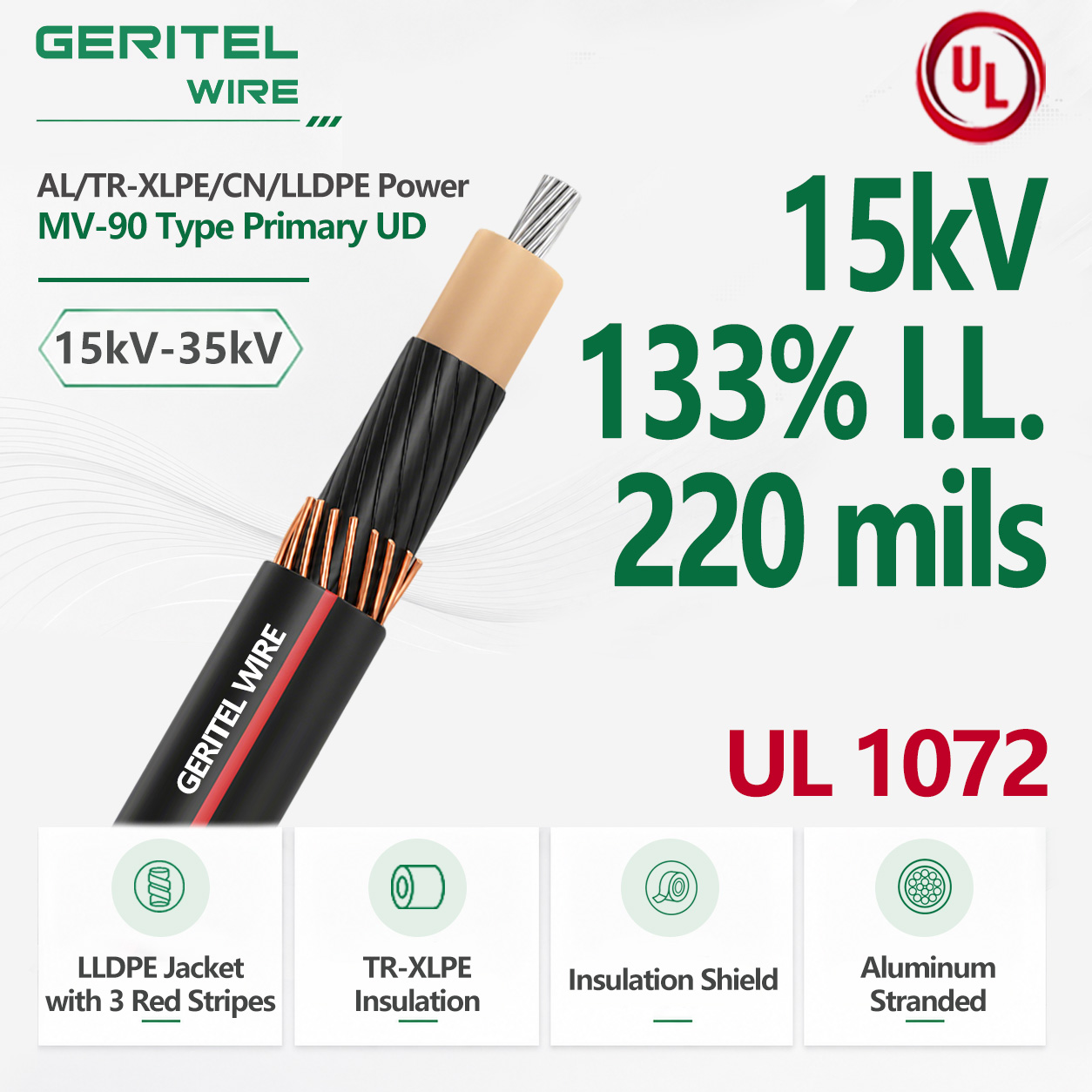 15kV Aluminum TR-XLPE/CN/LLDPE MV-90 Cable 133% I.L. 220 mils