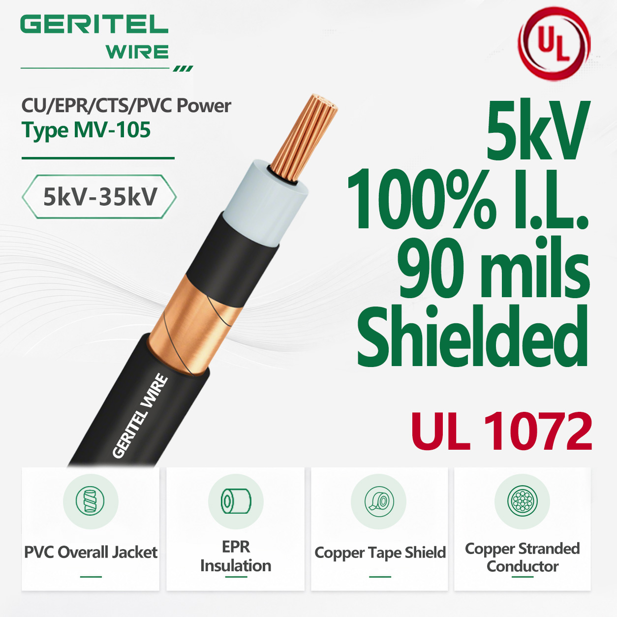 CU EPR/CTS/PVC Power Type MV-105 5kV 100% I.L. 90 mils Shielded
