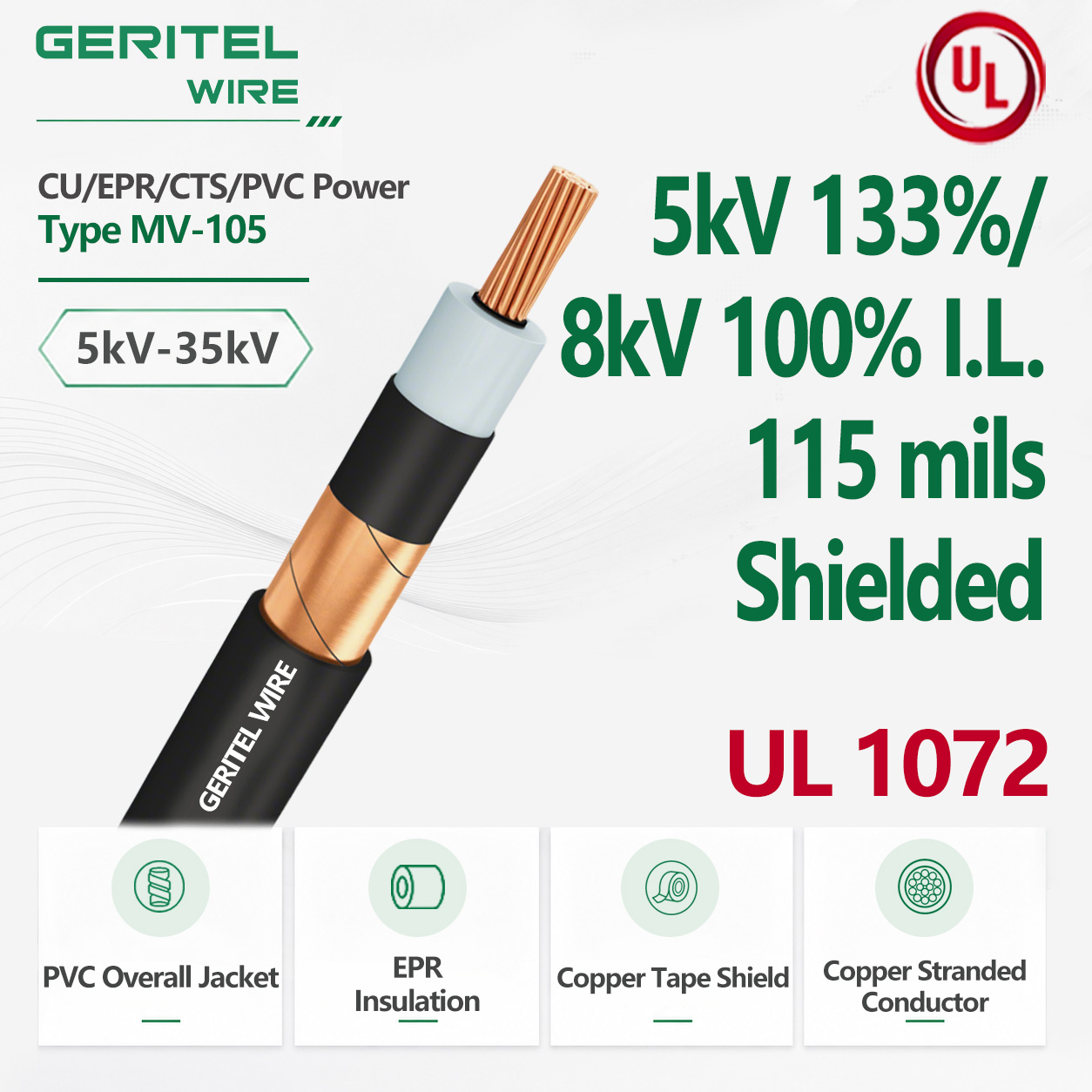 CU EPR/CTS/PVC Power Type MV-105 5kV 133%/8kV 100% I.L. 115 mils Shielded
