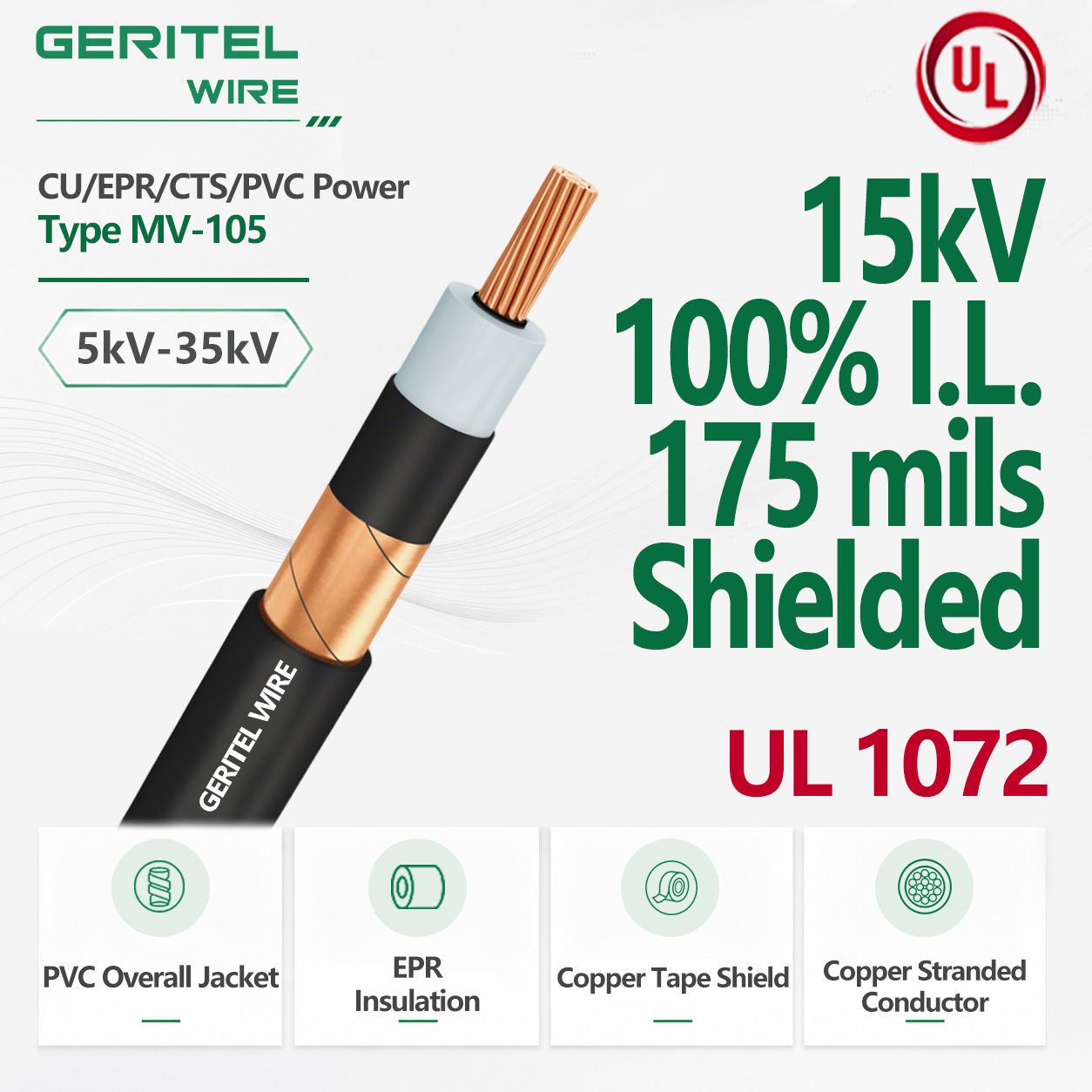 CU EPR/CTS/PVC Power Type MV-105 15kV 100% I.L. 175 mils Shielded
