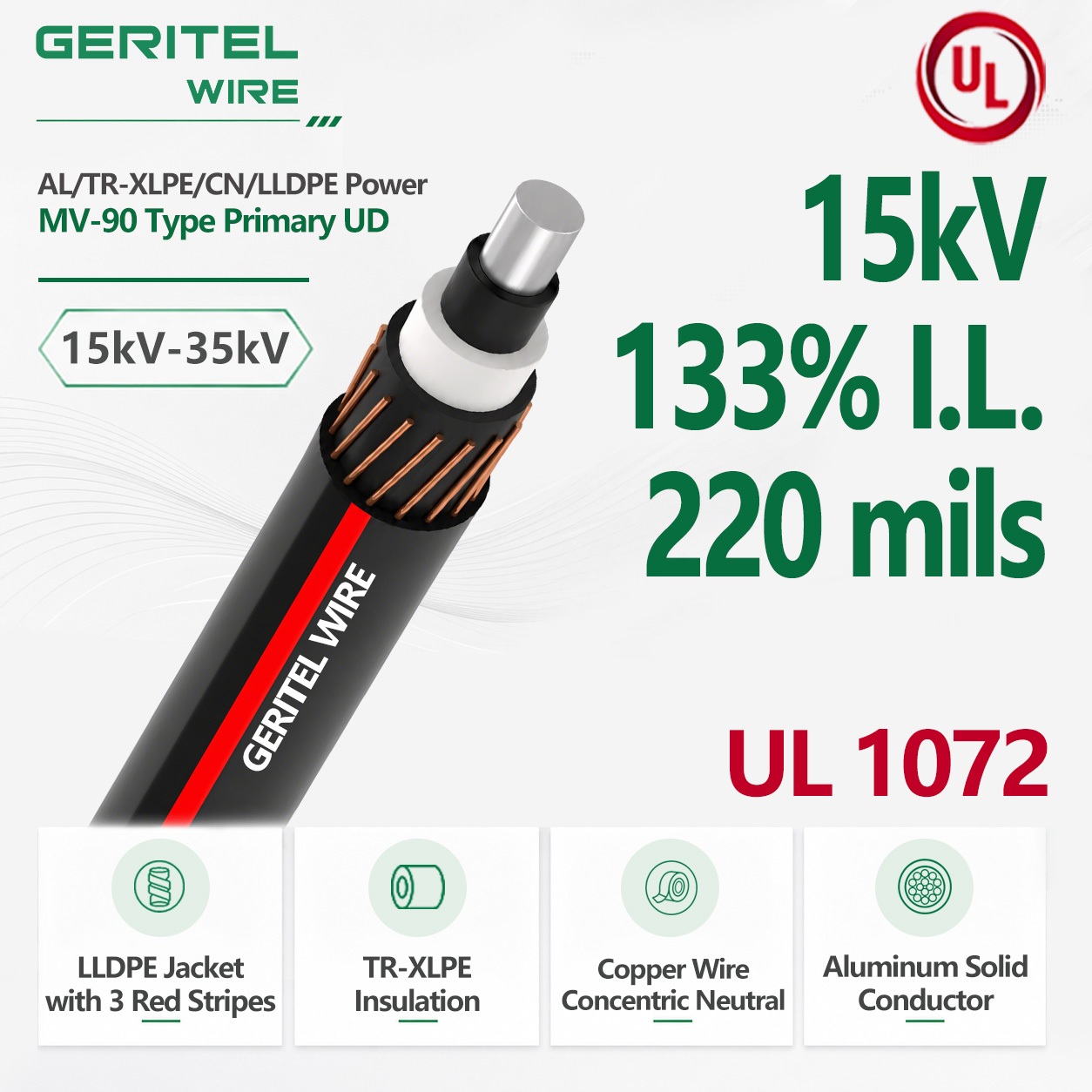 15kV Solid Aluminum Primary UD Cable TR-XLPE/CN/LLDPE MV-90 133% I.L. 220 mils