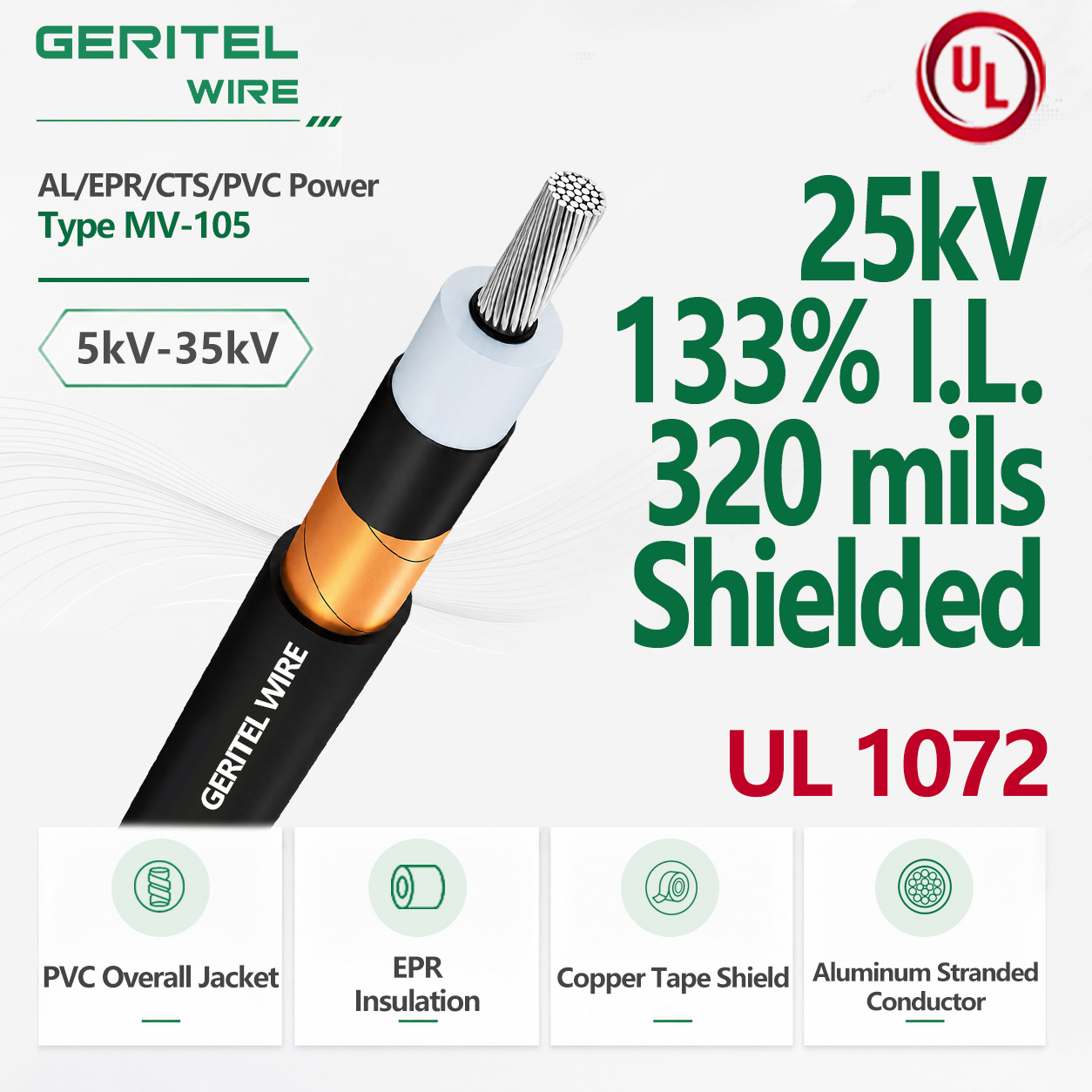 AL EPR/CTS/PVC Power Type MV-105 25kV 133% I.L. 320 mils Shielded