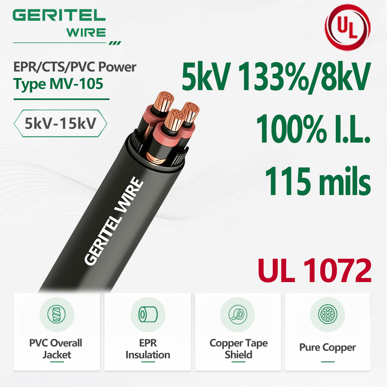  CU EPR/CTS/PVC Power Type MV-105 3 Conductor 5kV 133%/8kV 100% I.L. 115 mils Shielded