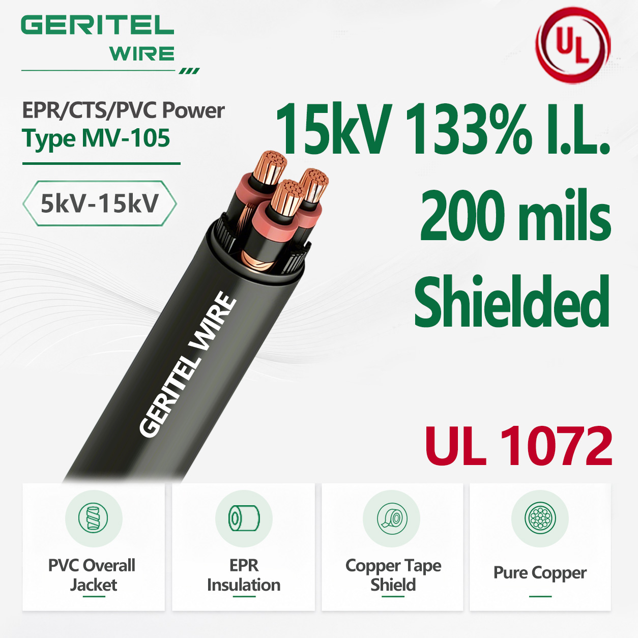 CU EPR/CTS/PVC Power Type MV-105 3 Conductor 15kV 133% I.L. 220 mils Shielded