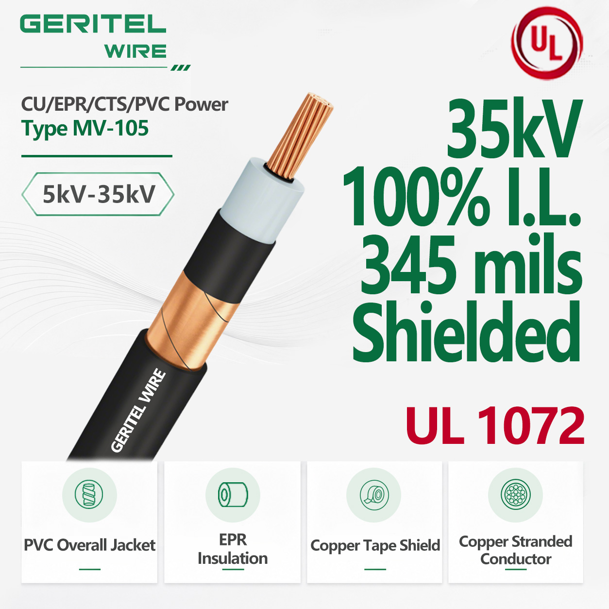 CU EPR/CTS/PVC Power Type MV-105 35kV 100% I.L. 345 mils Shielded