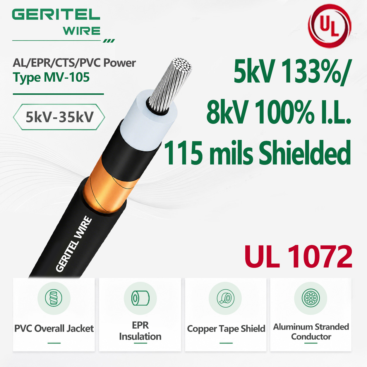 AL EPR/CTS/PVC Power Type MV-105 5kV 133%/8kV 100% I.L. 115 mils Shielded