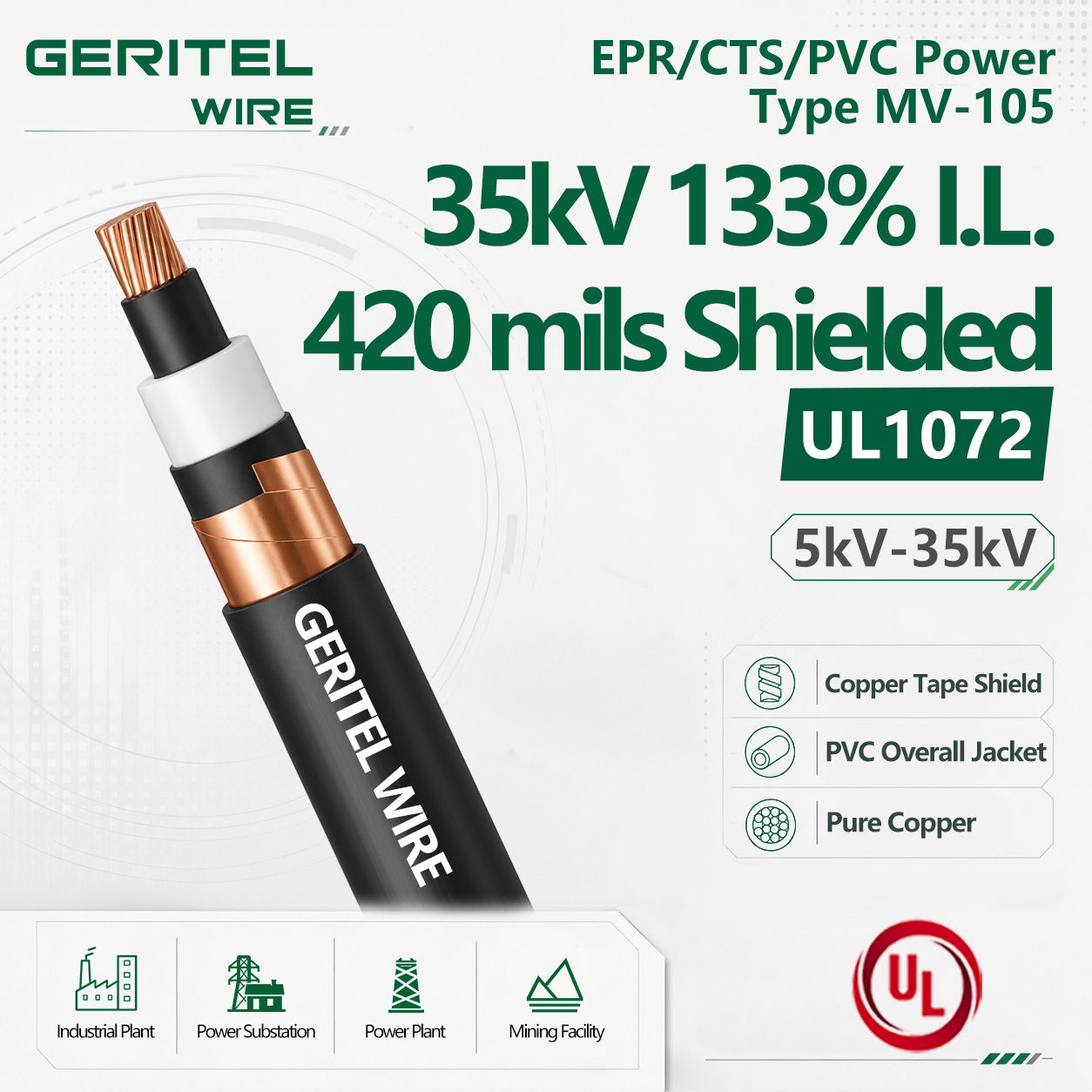 CU EPR/CTS/PVC Power Type MV-105 35kV 133% I.L. 420 mils Shielded