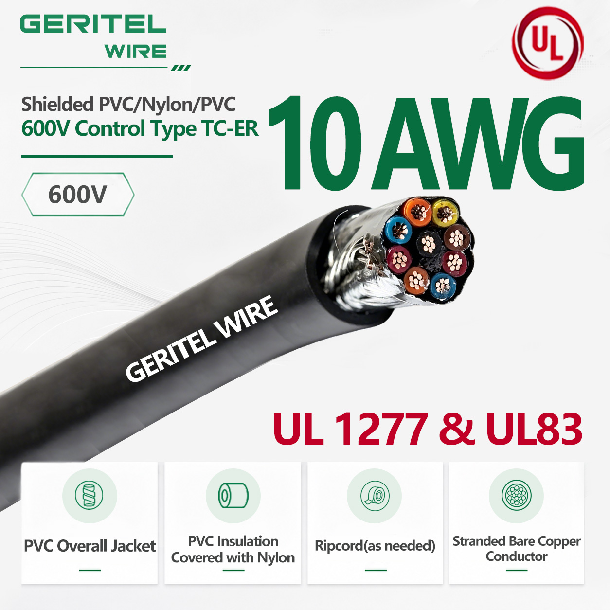  10 AWG Industrial Shielded TC-ER Tray Cable PVC Nylon PVC 600V