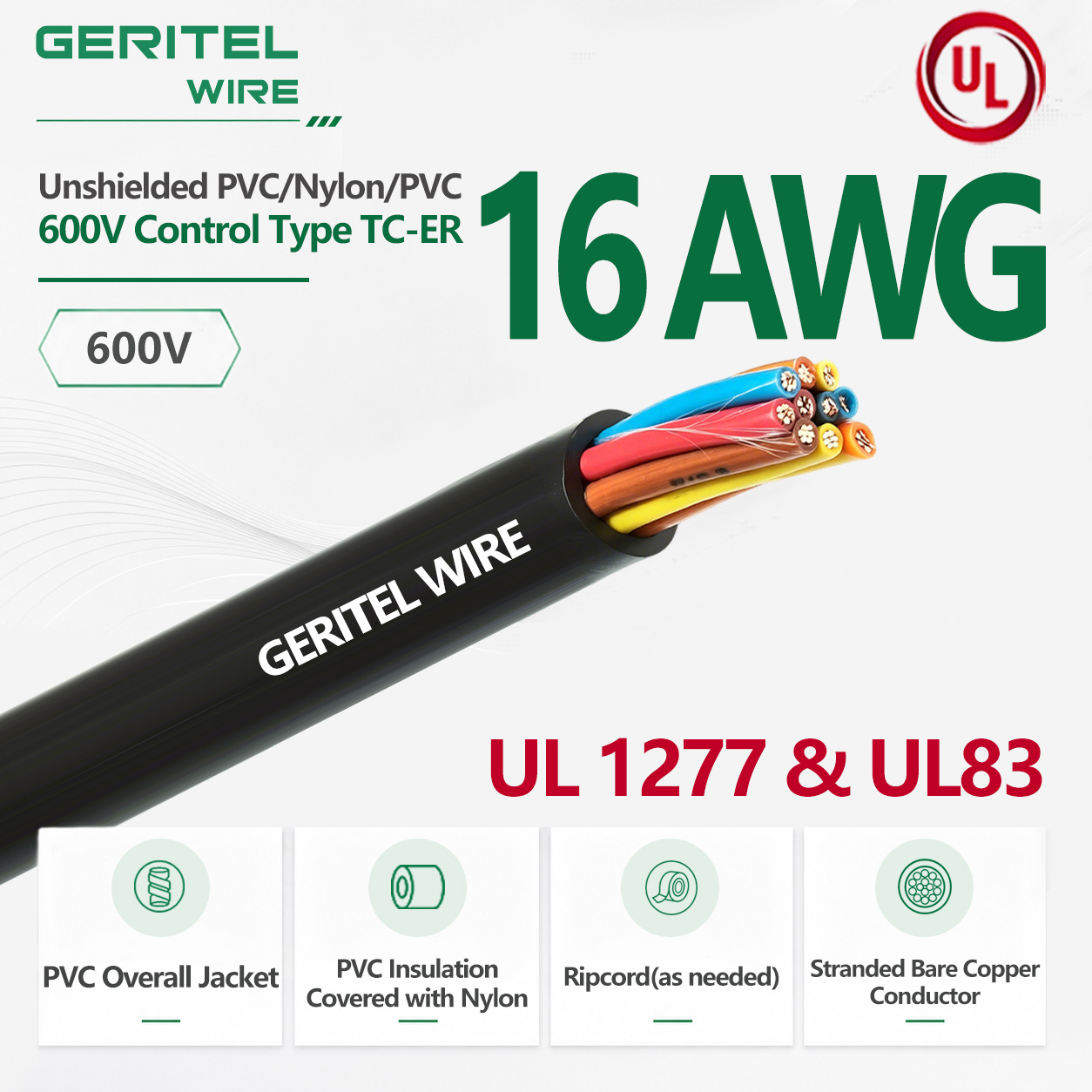 16 AWG 600V TC-ER Unshielded Control Cable with PVC Nylon