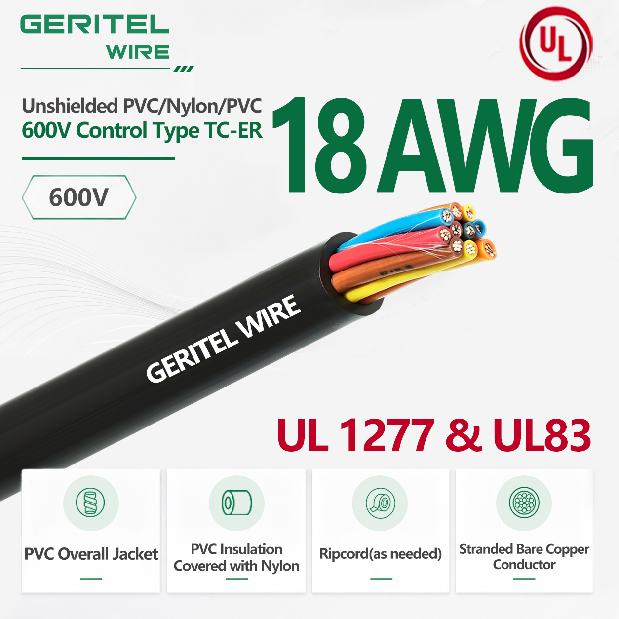 18 AWG PVC Nylon PVC TC-ER Control Cable 600V Unshielded