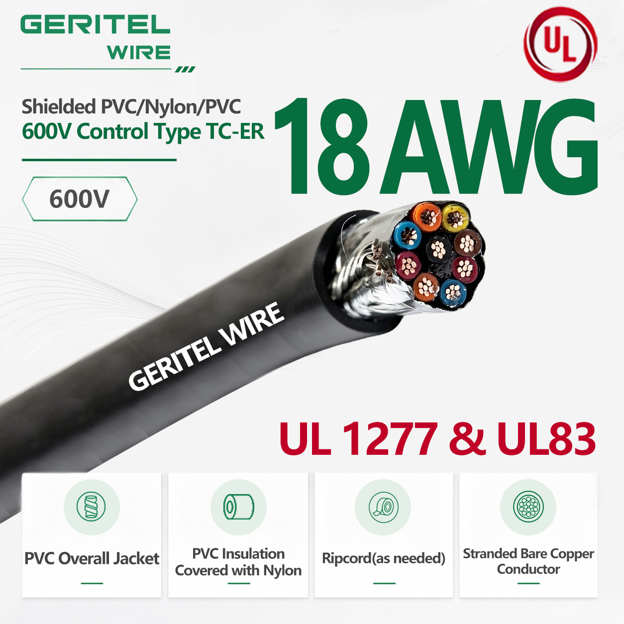 18 AWG PVC Nylon PVC Overall Shielded TC-ER Control Cable 600V